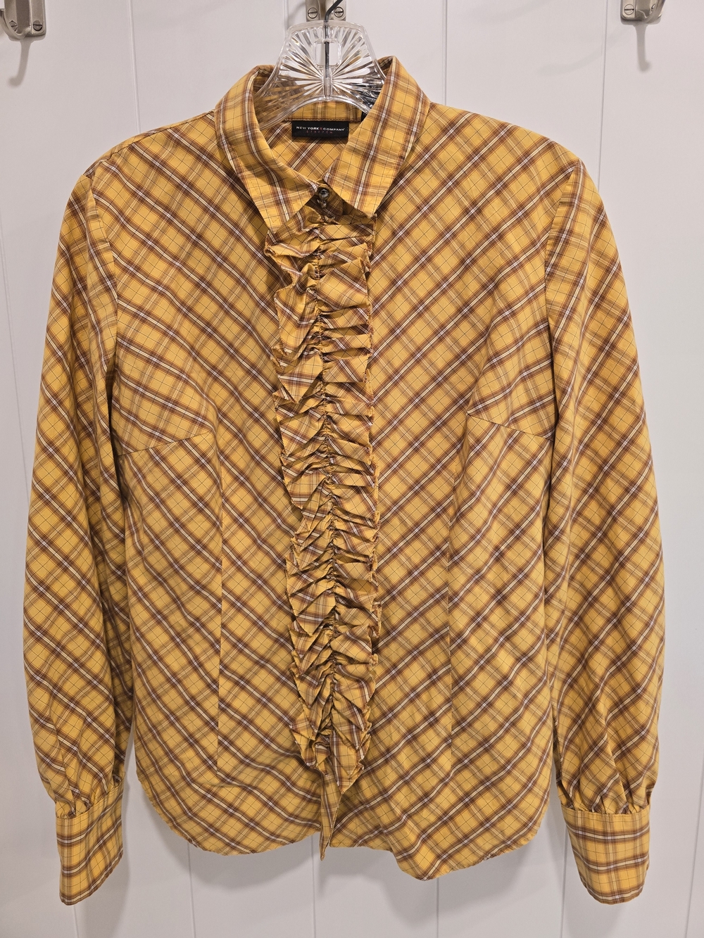 New York & Company Petites Yellow Plaid Ruffle-Front Blouse
